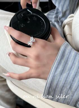 粉钻拉丝蝴蝶结戒指纯银冷淡风女