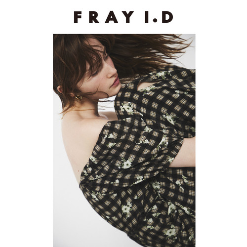 FRAY I.D秋冬优雅时尚方领印花露肩开叉连衣裙FWFO254144 - 图0
