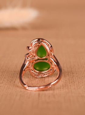 玉翡缘玉器天然菠菜绿玉葫芦戒指女士925银镶嵌和田玉碧玉活口可