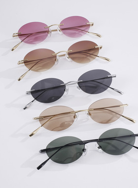 时尚纯钛偏光太阳眼镜旅行拍照防紫外线遮阳潮百搭无框小椭圆墨镜