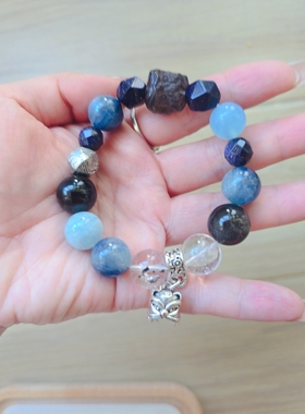 Long高定私享 晶狮庇佑 天然海蓝宝蓝晶石白水晶手串