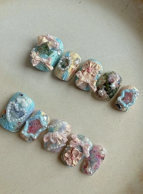 B0006~轻奢复古油画宫廷艺术感马卡龙撞色高级个性短款手工穿戴甲
