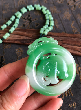 吉祥如意车挂男女情侣款项链玉石圆牌大象玉坠如意吉象挂件毛衣链