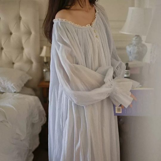 French romantic palace style nightgown long-sleeved pure cotton princess spring and autumn sexy retro pajamas for women to wear outside home clothes