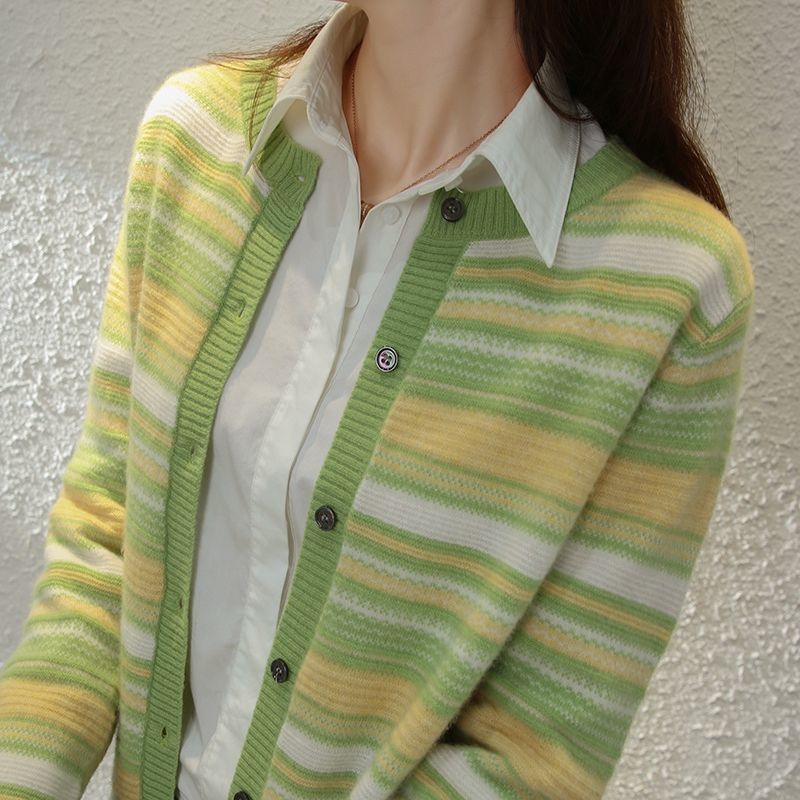 2025春装新款女装针织开衫女圆领条纹上衣宽松毛衣外套秋短款外搭,淘宝优惠券,粉丝福利购,淘宝优惠卷