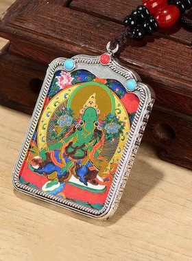 新品西藏黑金唐卡吊坠手绘黄财神观音弥勒佛项链嘎乌盒复古毛衣链