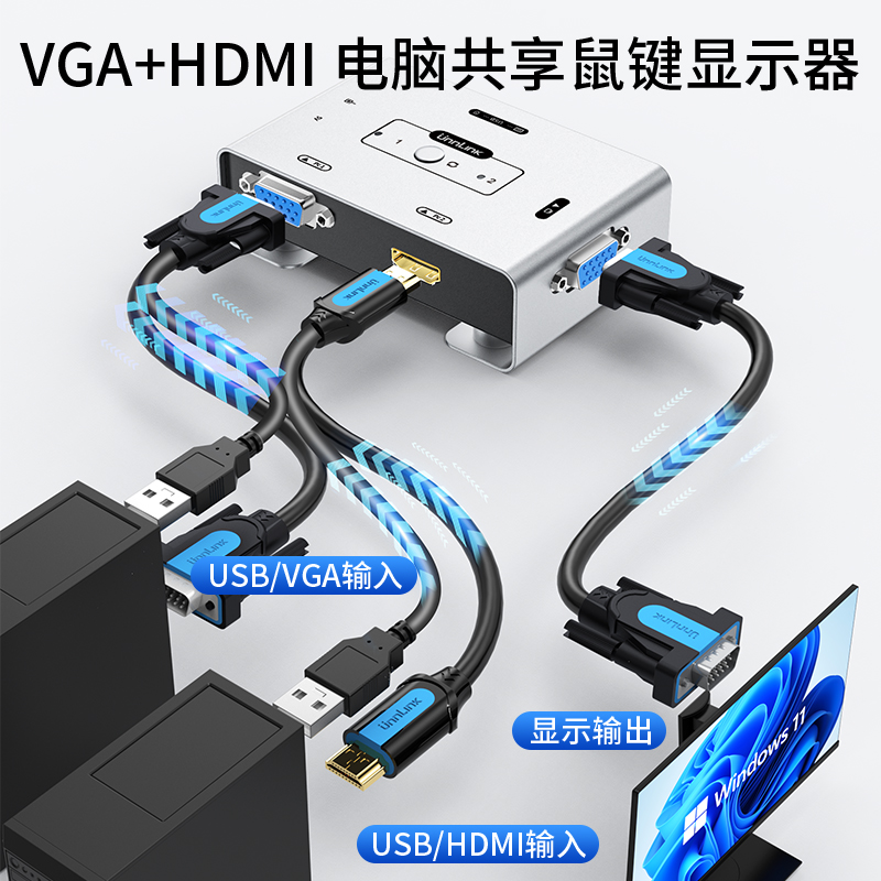 优联hdmi vga二合一KVM切换器2进1出组合切换器笔记本电脑监控录像机共享一套键盘鼠标显示器打印机U盘共享器 - 图0