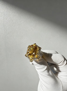 【浓郁复古黄水晶】精品厚银镶嵌天然黄水晶戒指复古时尚大气