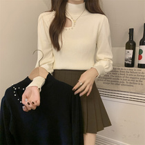 Large code hollowed-out half-high collar knit cardiovert undershirt female autumn winter new inner hitch small crowdmaking machine long sleeve sweater blouse