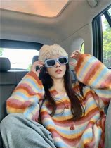 Big code Women in Korean version Design Sensation Retro Port Wind Fall Day Striped Knitted Sweaters Jacket with lazy windfall blouses