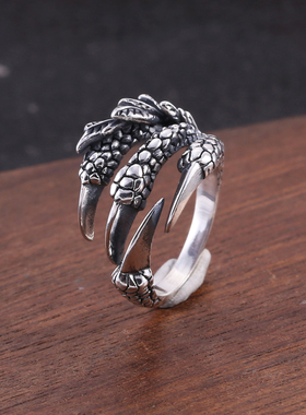 纯银男士霸气风复古鹰爪开口戒指