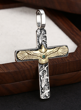 S925纯银个性复古轻奢唐草纹飞鹰十字架吊坠复古潮人饰品项链挂坠