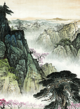 国画桃树青山绿水客厅办公室