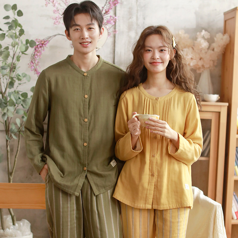 秋冬新款情侣纯棉睡衣男款三层纱棉长袖家居服套装女睡衣全棉条纹,淘宝优惠券,粉丝福利购,淘宝优惠卷