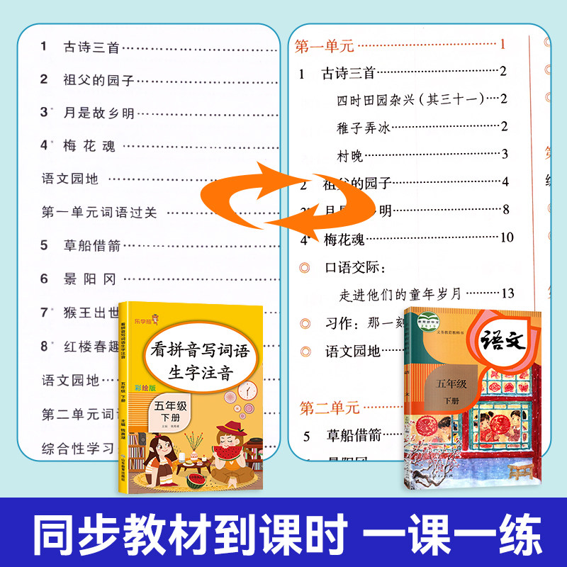 看拼音写词语五年级下册人教版 乐学熊小学5年级下学期语文同步专项练习册 小学生练字帖训练生字注音默写能手部编版