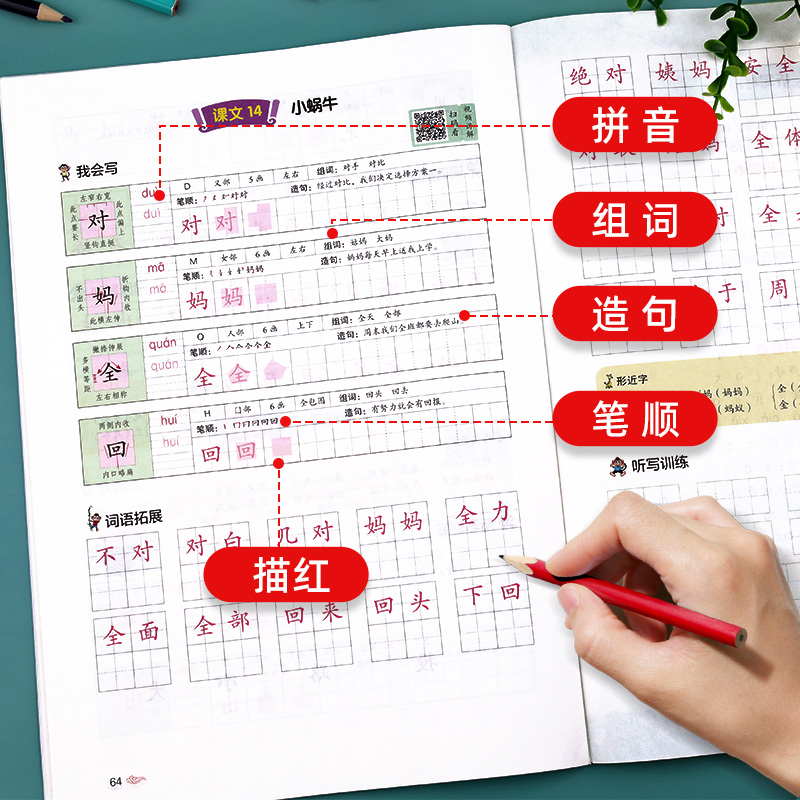 一年级上册同步字帖练字人教版语文每日一练 小学1年级上学期生字帖小学生专用写字课课练教材描红儿童楷体临摹带笔顺部编版识字表 - 图3