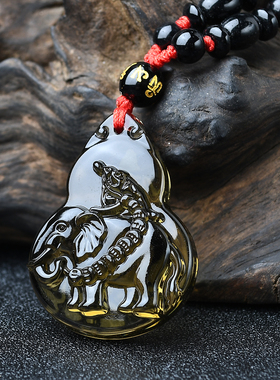 运阁金蟾拜象吉宏黑曜石吊坠