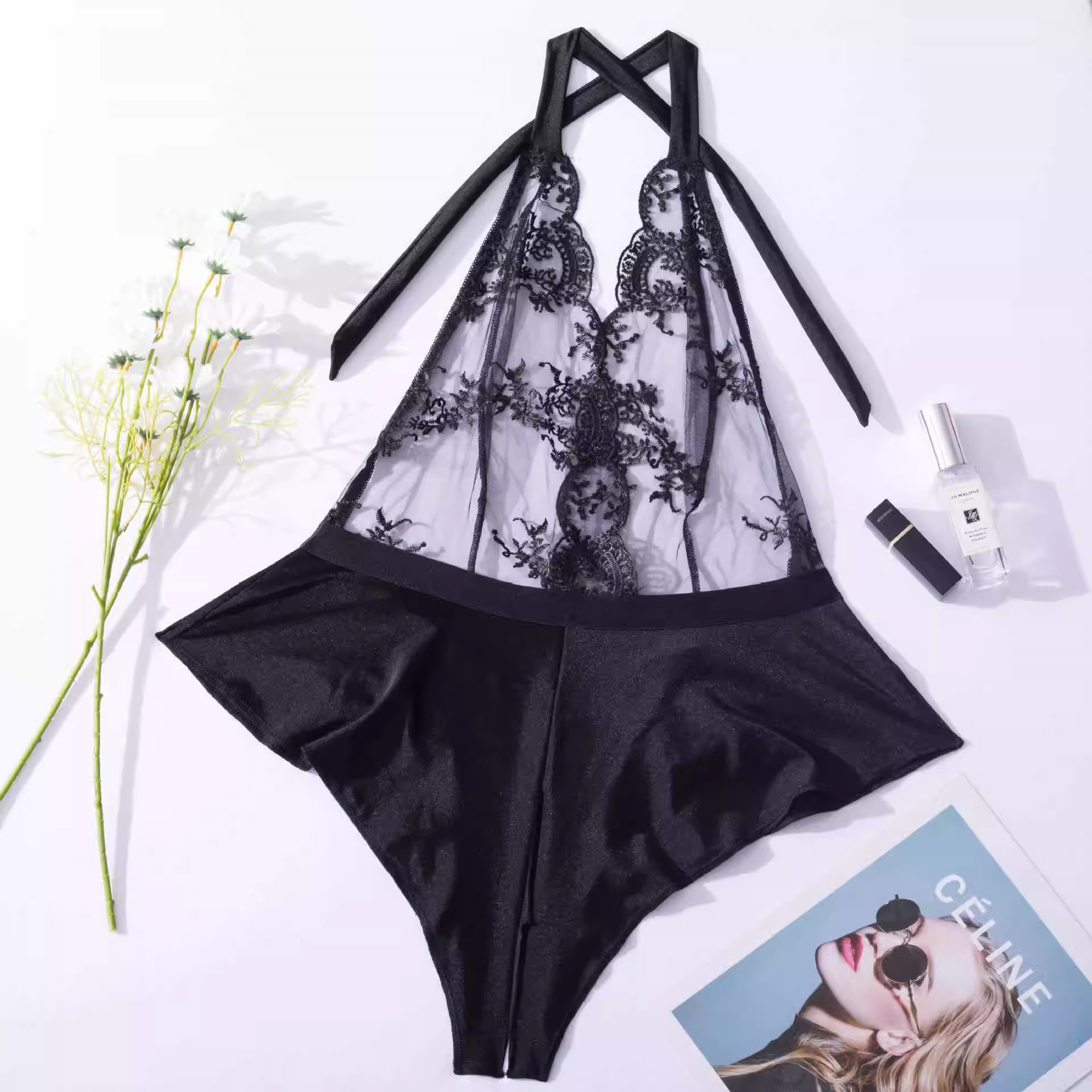 Hollow out sexy embroidery new lingerie body shaping jumpsui - 图1