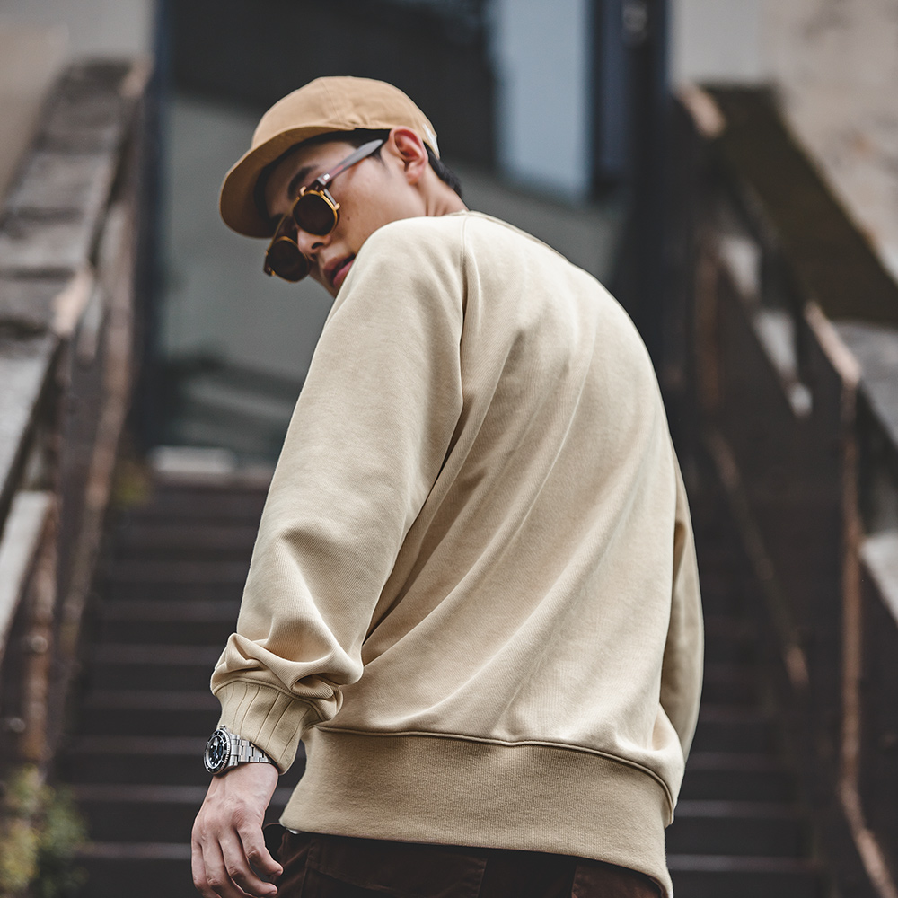 马登工装 美式复古无帽圆领卫衣重磅阿美咔叽vintage打底外套男秋