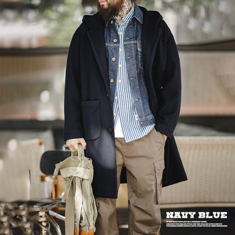 马登工装美式复古海军蓝羊毛大衣连帽学院风中长款毛呢外套男春季