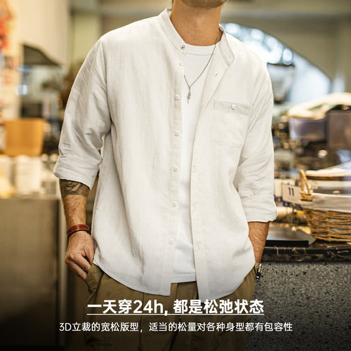 马登老钱风衬衫工装莱赛尔长袖天丝日系松弛感衬衣美式外套男士春 - 图0