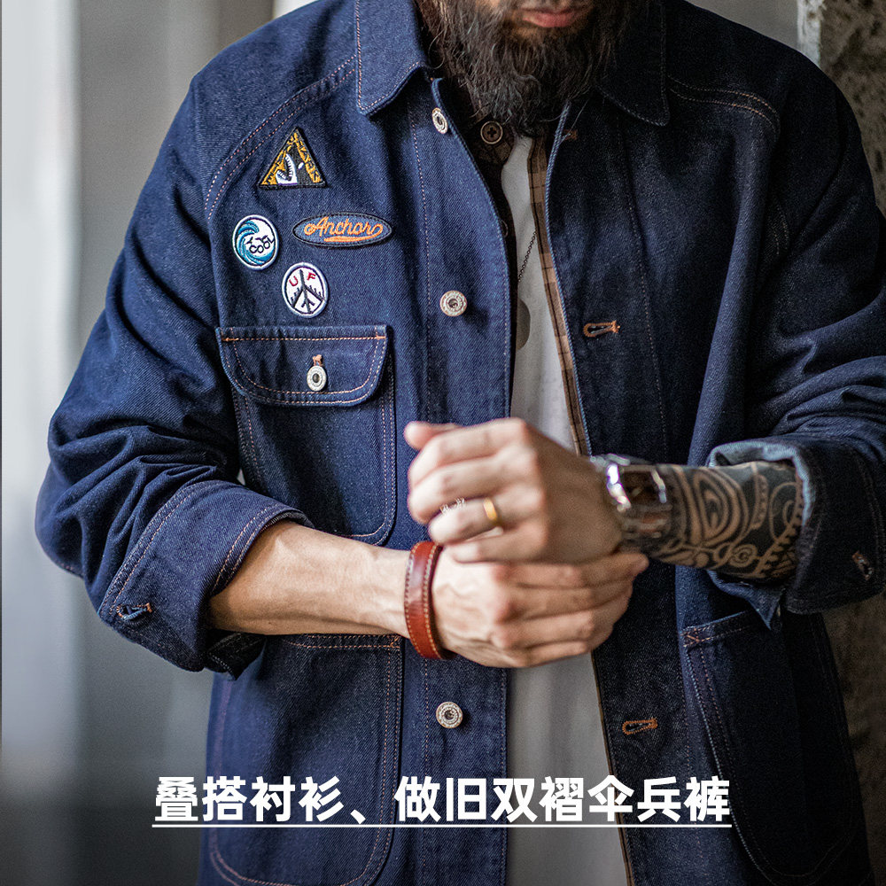 马登工装美式复古刺绣徽章牛仔夹克重磅水洗翻领休闲外套男春,淘宝优惠券,粉丝福利购,淘宝优惠卷