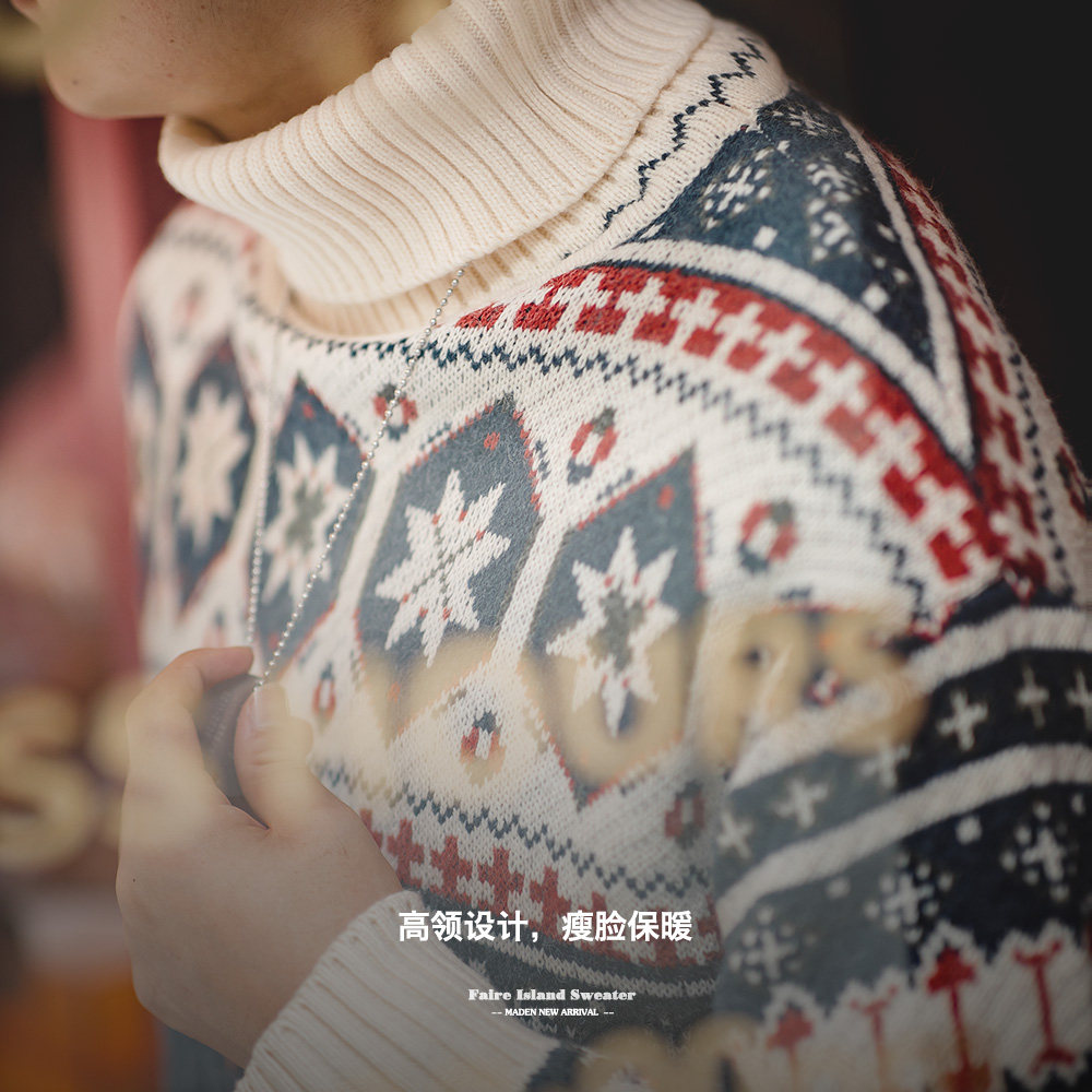 马登工装 美式复古费尔岛提花毛衣厚实保暖可翻高领针织衫男秋冬,淘宝优惠券,粉丝福利购,淘宝优惠卷