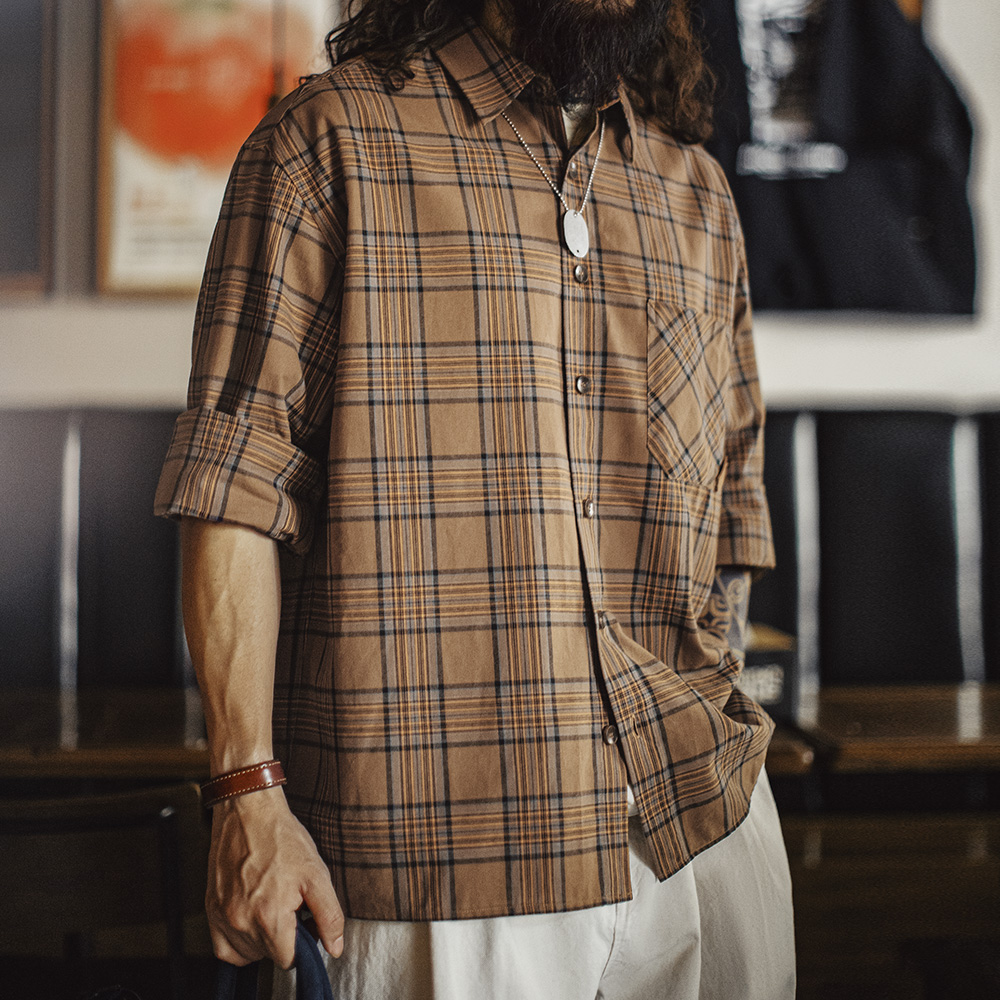 马登工装美式复古格子衬衫薄款长袖纯棉外套式棕色格纹衬衣男夏秋 - 图3
