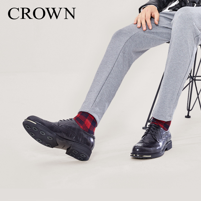 CROWN/皇冠男鞋布洛克雕花皮鞋男商務休閒鞋英倫真皮夏季男士鞋子