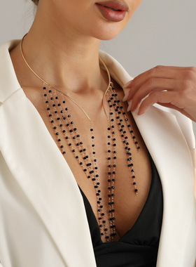 欧美跨境饰品多流苏黑珠项圈女in