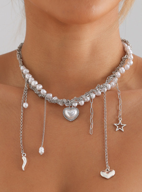 欧美跨境饰品多层心形流苏珍珠颈