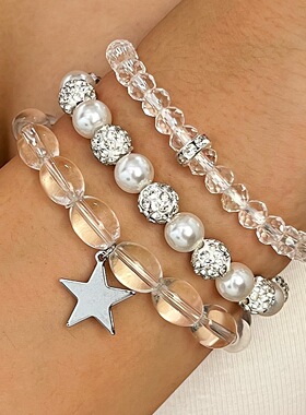 不锈钢玻璃珠多层手链套装仿珍珠