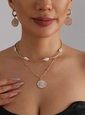 欧美跨境饰品镶钻太阳花吊坠项链