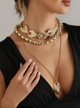 欧美跨境饰品复古纹理叶片吊坠项