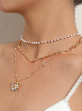 欧美跨境饰品复古珍珠满钻蝴蝶吊