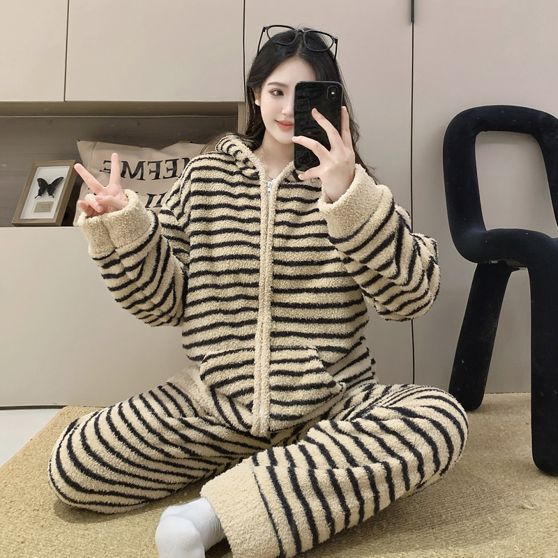 半边绒睡衣女款冬季长袖套装2025新款加厚保暖韩版条纹连帽家居服,淘宝优惠券,粉丝福利购,淘宝优惠卷