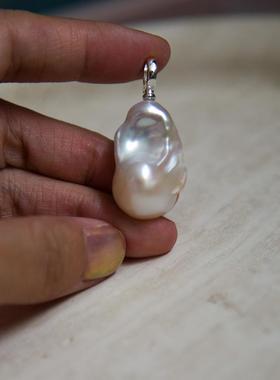 纯银万能扣可调节 极光炫彩 银蓝 大巴  天然淡水巴洛克珍珠吊坠