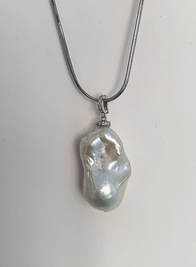 极光炫彩 纯银万能扣可调节 天然淡水巴洛克珍珠吊坠 大巴 银蓝