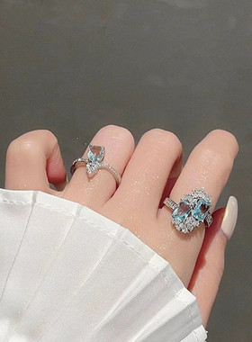 蝴蝶结锆石项链女轻奢小众设计锁骨链时尚个性海蓝宝雪花戒指