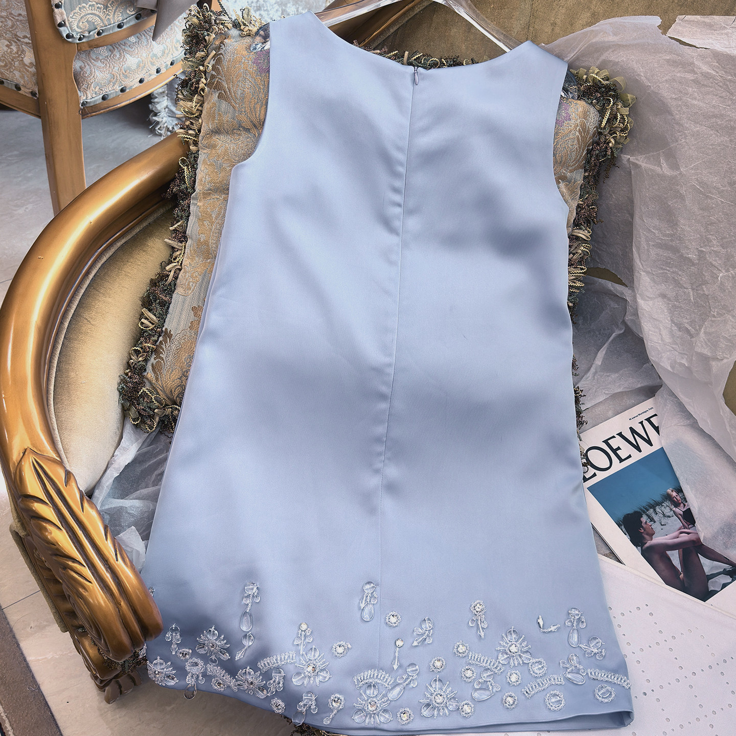 蝴蝶结重工连衣裙花朵钉钻吊坠蓝色2025早秋新品无袖轻奢裙子显瘦,淘宝优惠券,粉丝福利购,淘宝优惠卷