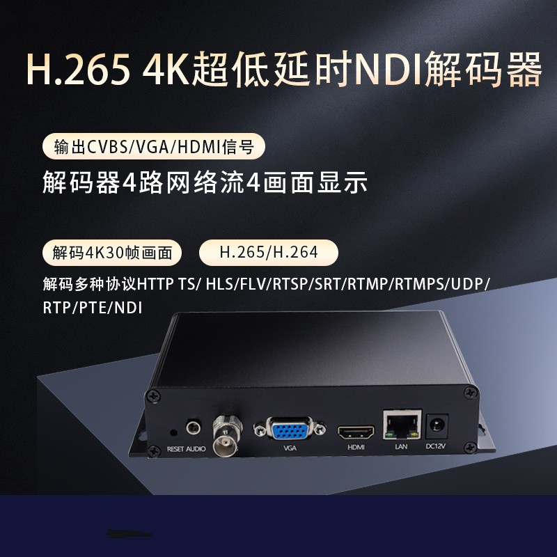 h.265 h.264 NDI解码 hdmi vga cvbs 超低延迟音视频4K解码器SRT - 图0