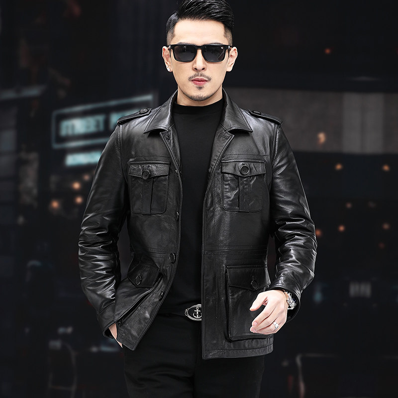 真皮头层纯小牛皮皮衣男中年皮夹克外套猎装可脱卸羽绒内胆羊毛领,淘宝优惠券,粉丝福利购,淘宝优惠卷
