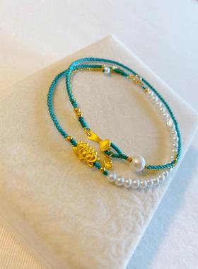 莲花蓝色编织绳手链半链半绳多巴胺串珠手绳女气质显白时尚高级感