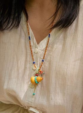 新中式可拆卸文玩葫芦项链小众麻料衣服配饰手工葫芦吊坠国风配饰