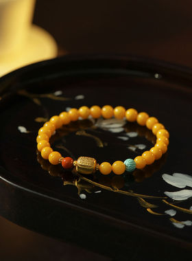 新中式鸡油黄蜜蜡琥珀手串女小众仿绿松石南红小米珠手链高级饰品