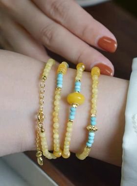 「福禄」新中式小众设计鸡油仿黄蜜蜡绿松四圈手链毛衣链两用饰品