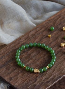 新中式帝王绿菠菜绿和田碧玉手串单圈男女款葫芦手链气质百搭显白