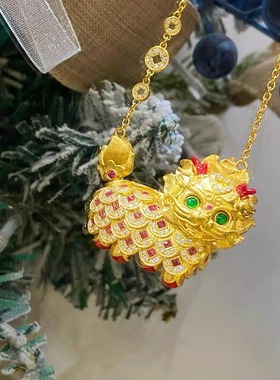 新中式麒麟立体项链镶宝国风祥瑞招财锁骨链轻奢送礼高级精致饰品