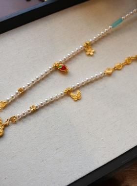 錾刻双鱼锦鲤如意锁包项链女新中式编绳毛衣链金色铃兰花多宝吊坠