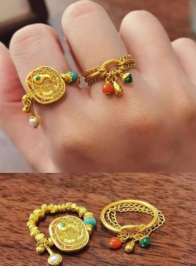 新中式民族风碎银子戒指撞色彩宝设计指环日常百搭复古轻奢饰品